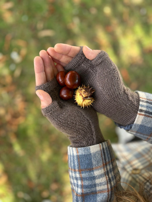Strikkekit til “Kastanje halvvanter” af Strikkediem